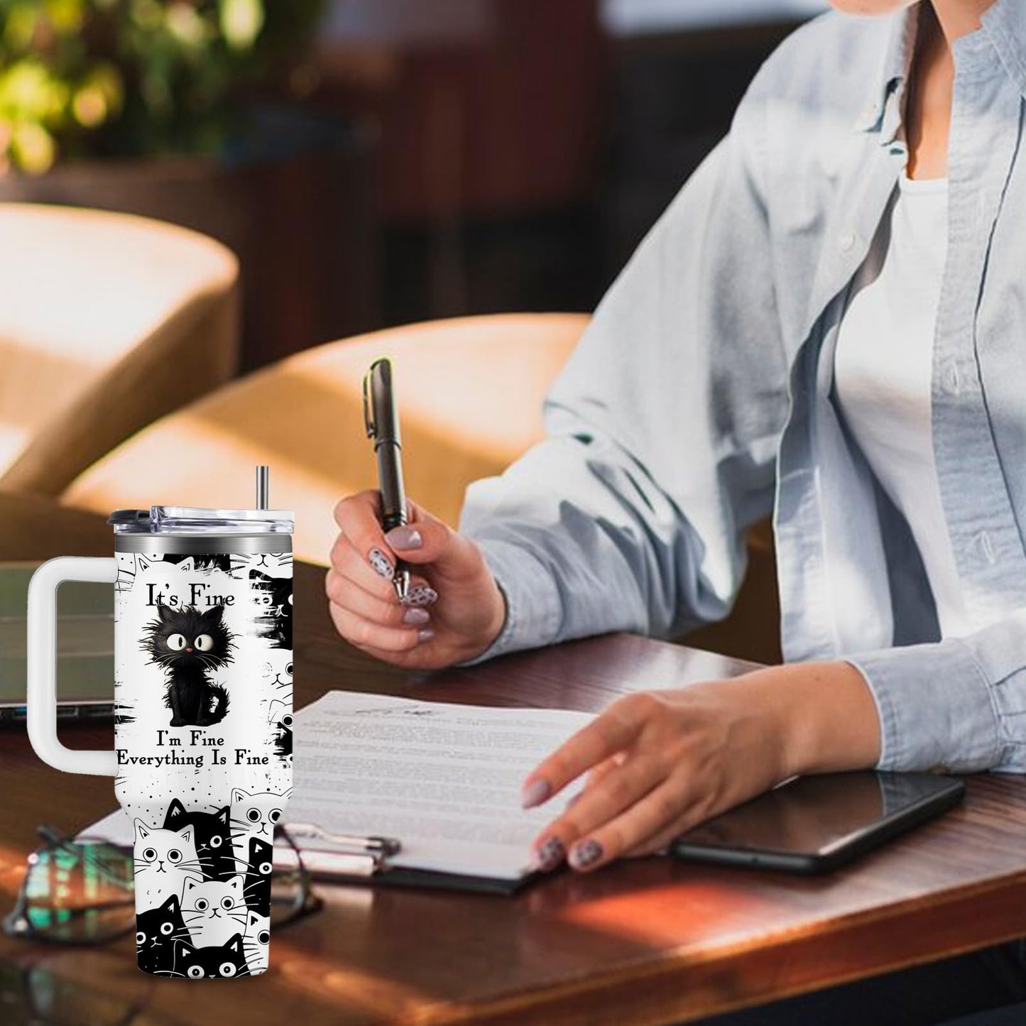 CGMIBAS Cat Lover Gifts, Gift for Cats Lovers Women Men Girls Funny 40oz Black Cats Themed Tumbler Cups with Handle - Everything Is Fine Mug, Christmas Birthday Gift for Black Cat Mom Lady Gifts Cup