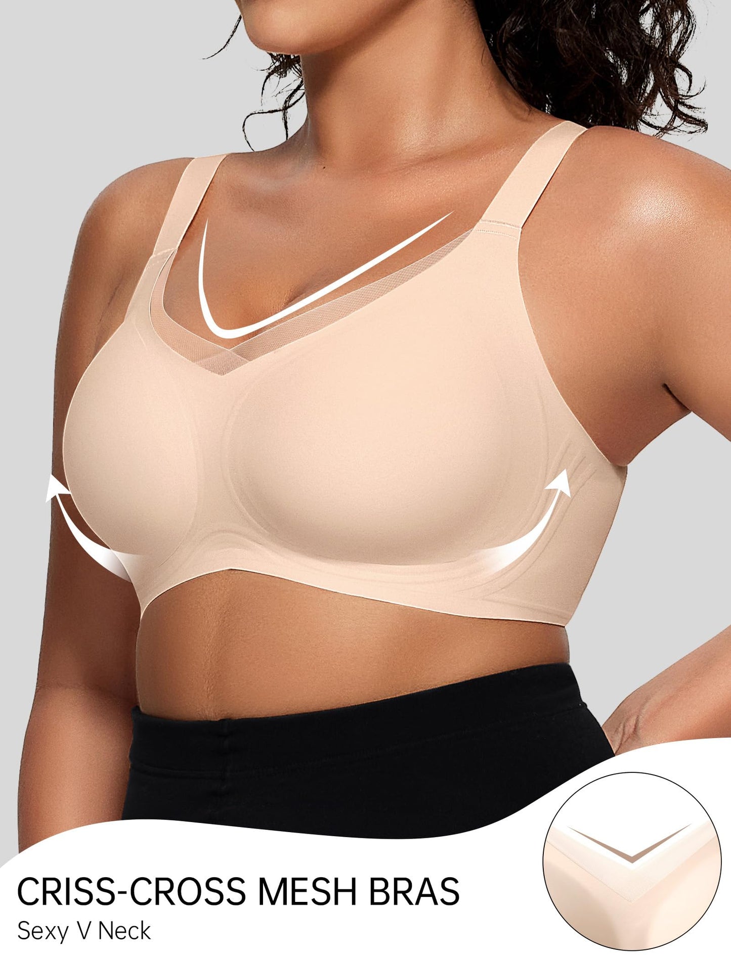 OEAK Womens Wireless Bras V Mesh Comfortable Bralette Supportive Tshirt Bra No Underwire Seamless Push Up Everyday Bras
