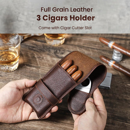 CONTACTS Full Grain Leather Small Cigar Case Travel 3 Slot Cigars Humidor Pouch Portable Cigar Accessories Organizer with Cigar Cutter Slot by Handmade