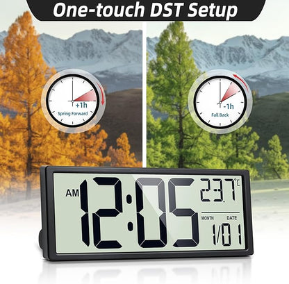 16" Digital Wall Clock, Battery-Operated with Large LCD Display, Jumbo Number Modern Decorative Clock with Alarm, Date, Calendar, Temperature for Elderly, Senior Bedroom, Living Room, Kitchen