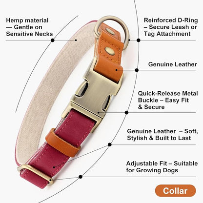 Plutus Pet Genuine Leather & Hemp Dog Collar – Adjustable Heavy Duty Pet Collar with Quick Release Metal Buckle, Soft & Stylish for Puppy and Small, Medium, Large Dogs (Burgundy, L)