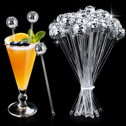 JJUNW 80 Pcs Disco Balls Cocktail Stirrers, Round Top Swizzle Sticks, Cake Pops Mirror Ball Coffee Beverage Stirrers Decorative Straws for Home Bar Bachelorette Wedding New Year Party Decor