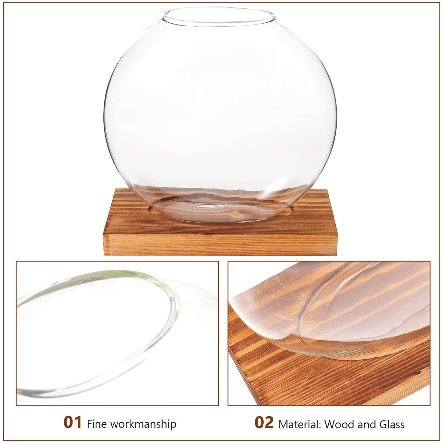 PRETYZOOM Glass Hydroponic Flower Vase with Retro Wood Base, Tabletop Floral Arranging Planter for Office and Home Décor, Glass Terrarium for Indoor Plant Display