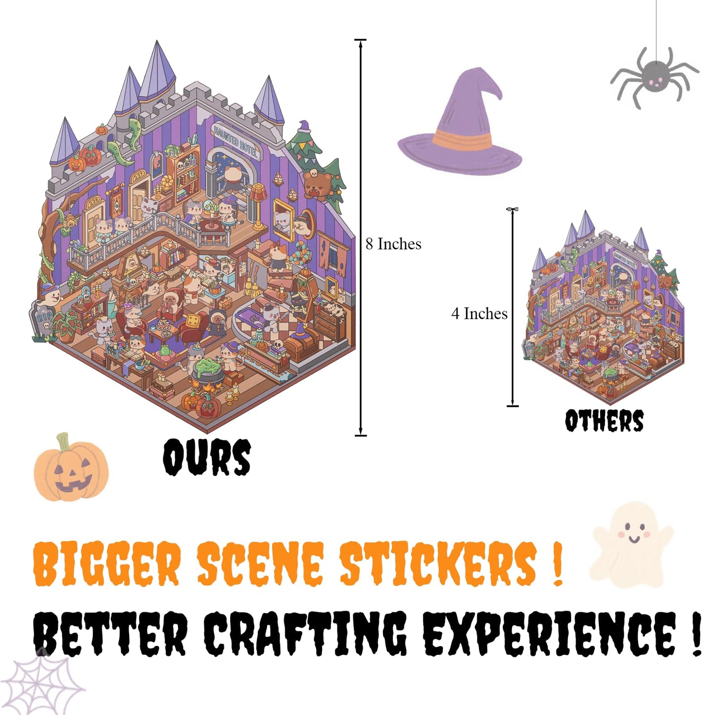 Halloween Extra Large Scene Stickers Set Include 4 Big Size 3D DIY Sticker with Background Card & Tweezer: Miniature House & Room Creative Play Kits for Adults Stress Relief Pass Time