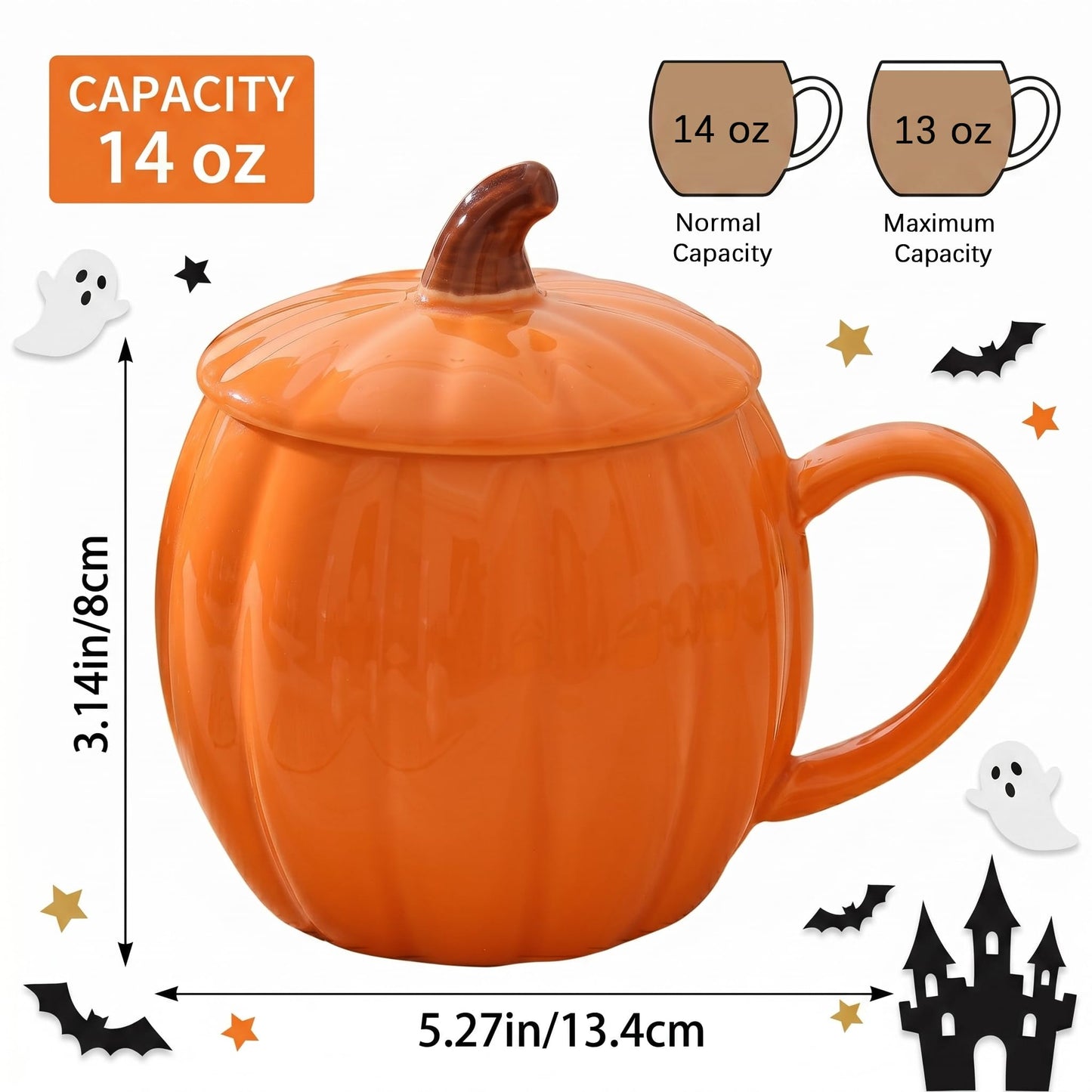 1PCS Ceramic Pumpkin Mug with Lid, 14oz Orange Coffee Mug for Fall & Autumn, Cute Halloween Coffee Cup for Tea and Hot Cocoa, Microwave Safe Novelty Gift for Women, Friends, and Family (Pumpkin-1PCS)