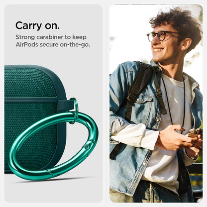 Spigen Urban Fit Designed for AirPods 4 Case (2024) Premium Fabric Cover with Carabiner Key Chain - Midnight Green