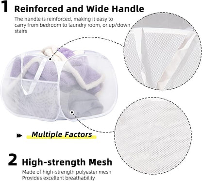 Collapsible Laundry Basket, 90L Foldable Pop-up Laundry Hamper with Handles, Mesh Dirty Clothes Hamper for Laundry, Bathroom, Kids Room, Dorm,Travel or Camping (White)