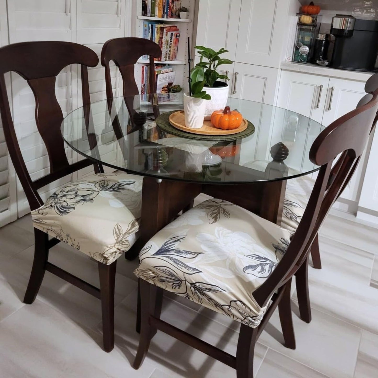SearchI Waterproof Dining Chair Seat Covers Set of 4, Washable Stretch Seat Covers for Dining Chairs, Dining Room Seat Cover Protector (Rear-Covered, Brown and Blue Flower)