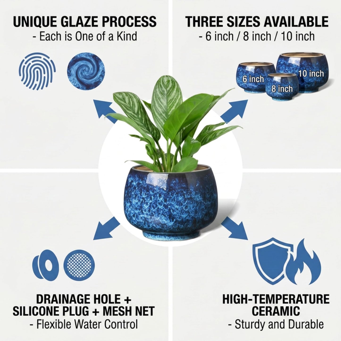 BUYMAX Ceramic Plant Pots Set of 3 for Indoor Plants, 6 8 10 Inch Large Round Planters with Drainage Hole, Modern Flower Pots with Mesh Pads & Rubber Plugs for Home Garden Decor, Blue