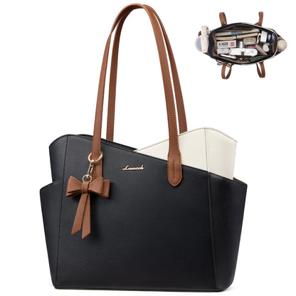 LOVEVOOK Small Tote Purse for Women, 2026 Structured PU Leather Handbags with Top Handle, Elegant Satchel Shoulder Bag Black-White-Brown