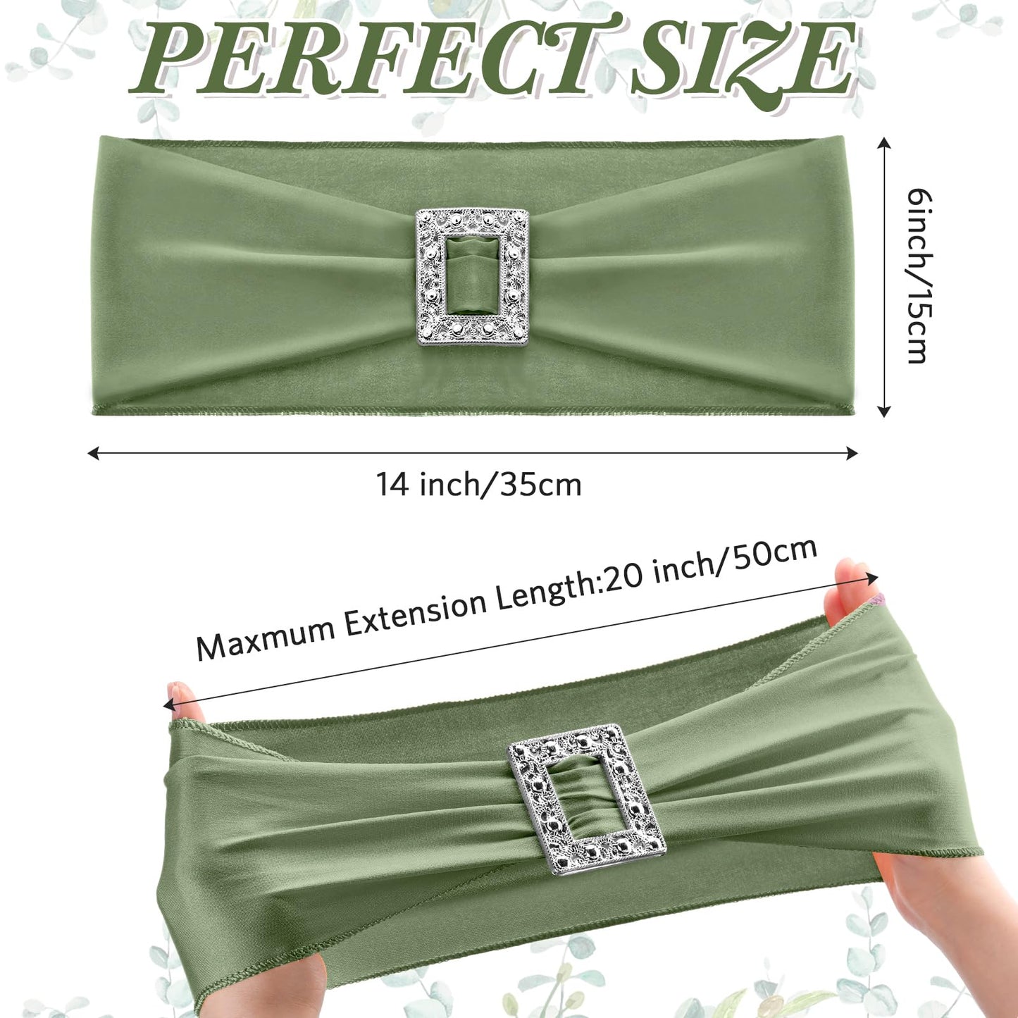 CHENGU 50 Pcs Spandex Chair Sashes with Square Buckle Slider Stretch Dining Chair Slipcovers Band Universal Elastic Ties Bows for Wedding Banquet Event Party Decoration(Sage Green)