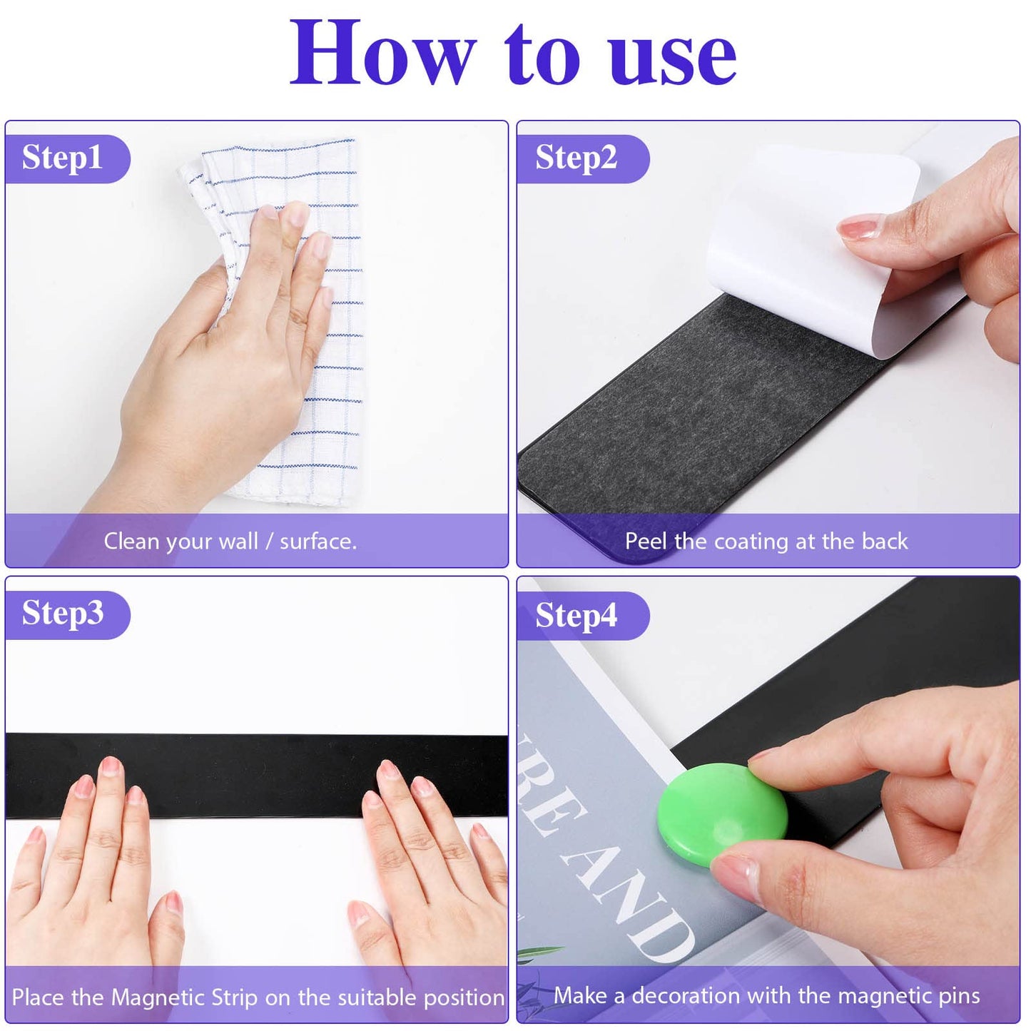 Outus 6 Pcs 15" x 2" Magnetic Wall Strips, Magnetic Bulletin Board Strip Set with 48 Pcs Colorful Magnets, Metal Display Board for Office Home Notes Photos(Black)