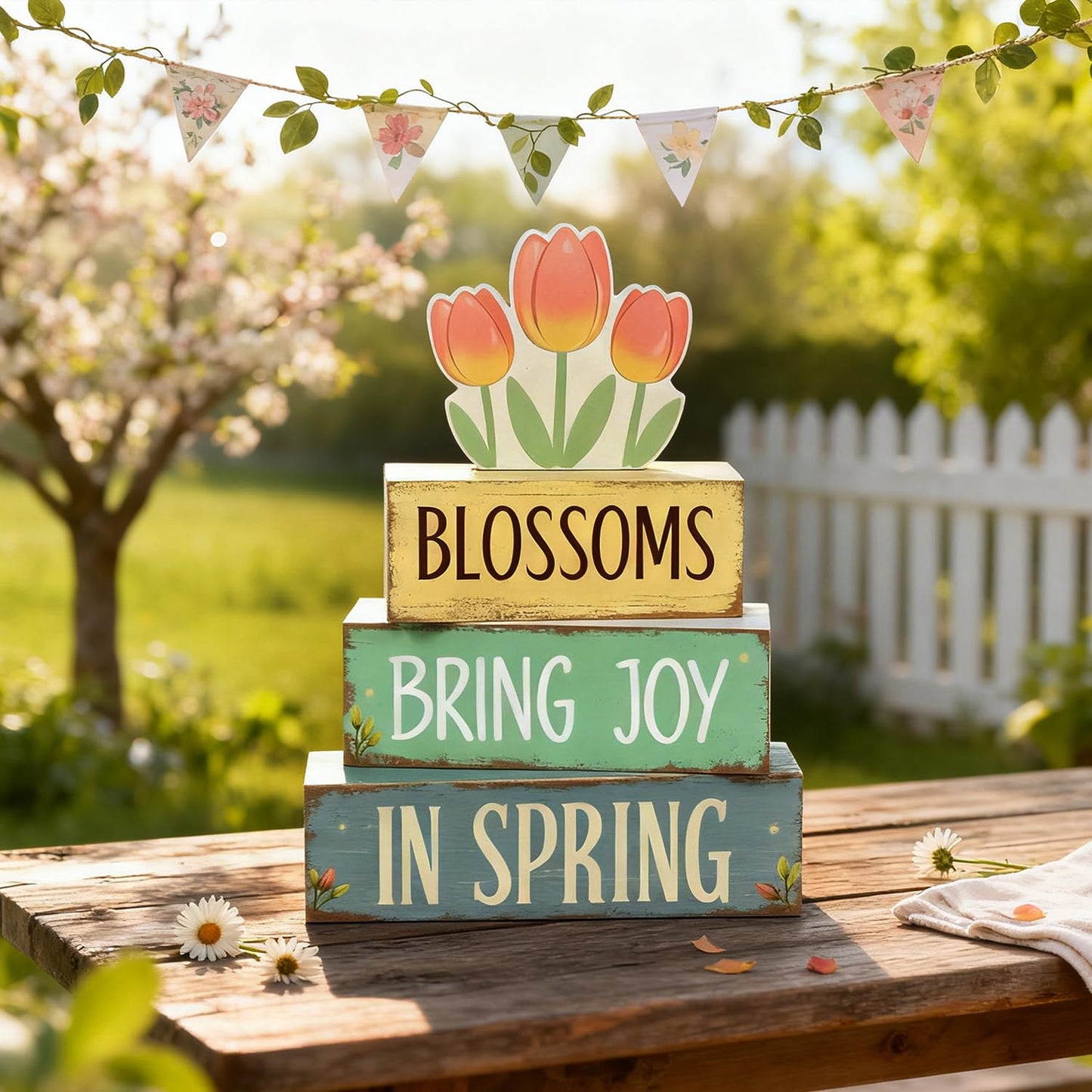 Spring Decoration Wooden Tiered Tray Decor – Tulip Blossoms Spring Stacked Block Sign with Floral Accent – Farmhouse Tabletop Spring Decor for Shelf Mantel Seasonal Home Display