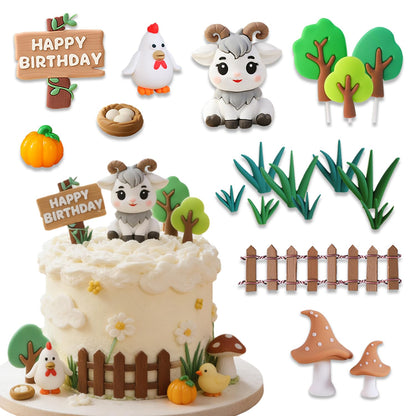 Rustic Farm Theme Cake Decorations Set - "Happy Birthday" Sign, Goat Figurine, Tree Accents, Chicken & Resin Pumpkin Decor, Grass & Fence & Mushroom Accessories, Premium Soft PVC Dessert Toppers