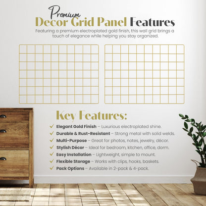 CIKLCIX Wire Grid Wall Panel for Photo Display, 2 Pack Metal Wire Memo Board, Decorative Grid Frame Wall for Hanging Pictures, Notes, Postcards, Small Ornaments (2, Gold)