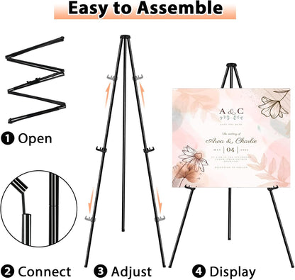 Instant Display Easel Stand & 63" Portable Artist Floor Easels - Easy Folding Telescoping Adjustable Art Poster Metal Easels for Painting Canvas, Wedding Signs, Posters (6 Pack)