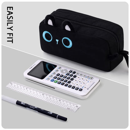 CICIMELON Cartoon Pencil Case, Large Capacity Pen Pouch with Embroidered Animal Design, School Supplies Bag for Kids, Teens, Students (Black Cat)