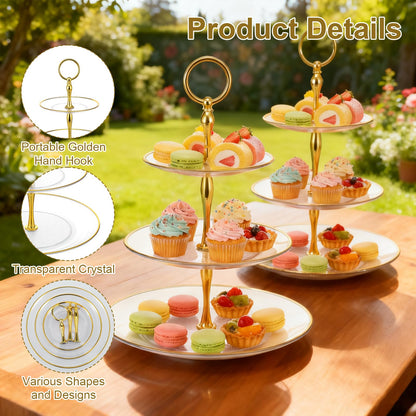 8Pack 3 Tier Cupcake Stand Bulk, Plastic Clear 3 Tiered Dessert Stand with Gold Edges Thick Round Shape Serving Dessert Tray for Tea Party Wedding Birthday Halloween Christmas Party Decorations