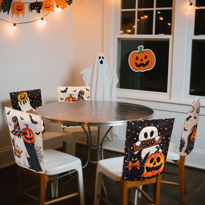 JarThenaAMCS 4Pcs Halloween Chair Back Cover Spooky Boo Ghost Bat Pumpkin Face Seat Covers Dining Chair Slipcover Protector for Trick or Treat Home Kitchen Decor