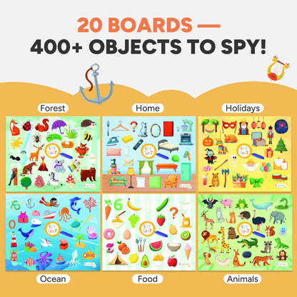 Flashcards Spy that! by Kidrox Squad – Spy that Letter Game for Kids Ages 3+, 20 Double-Sided Picture Search Boards with 400+ Objects, Alphabet Learning Game for Toddlers and Families