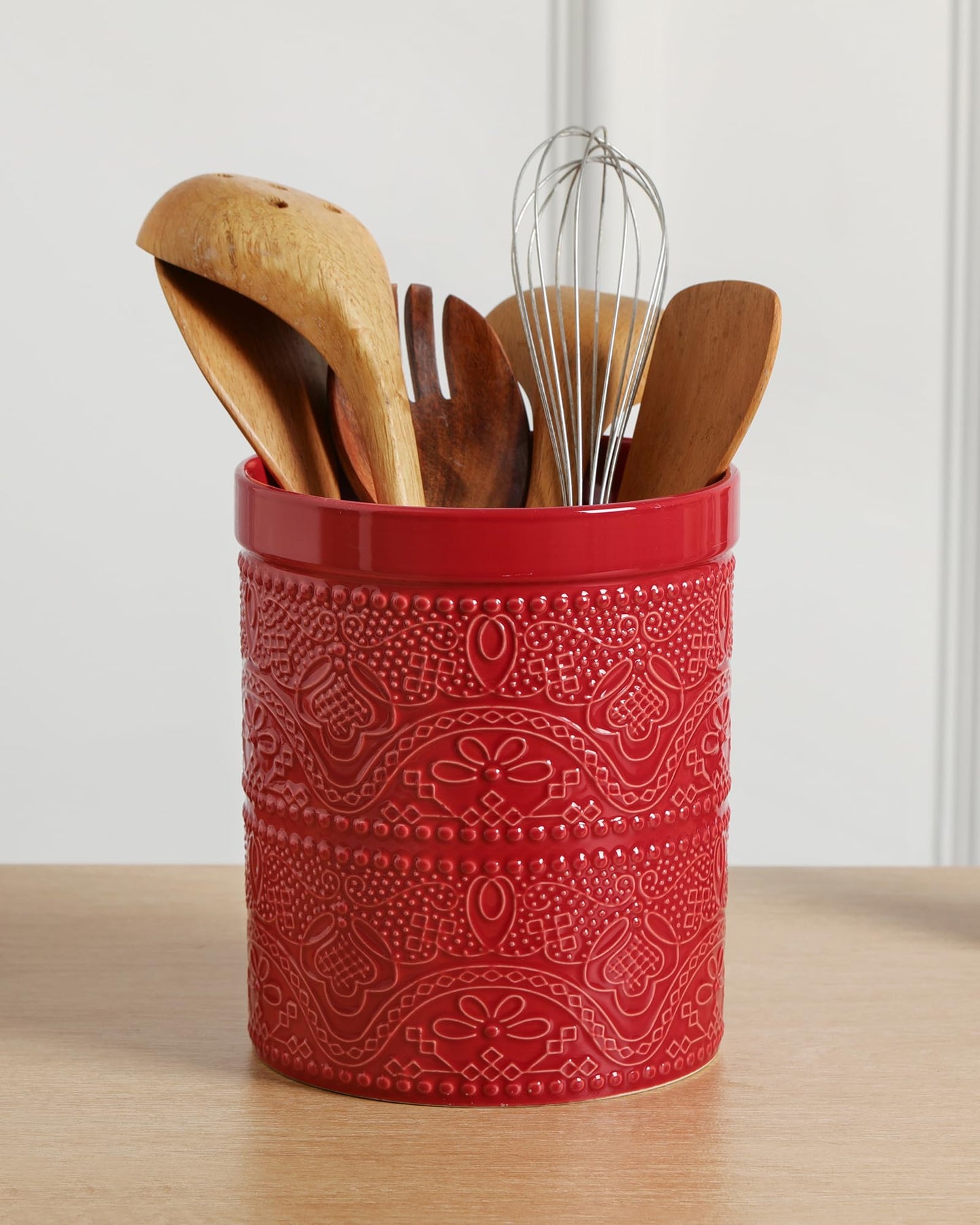 FUN ELEMENTS Kitchen Utensil Holder, 7.2" Super Large Utensil Crock Heavy and Stable Lace Emboss Ceramic Utensil Holder for Kitchen Counter (Christmas Red)