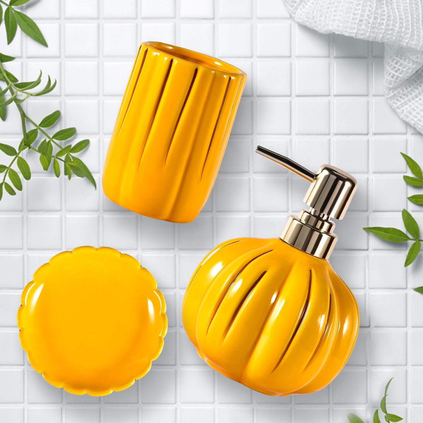 Ceramic Bathroom Accessories Set of 3, Thanksgiving Pumpkin Bathroom Decor, Fall Bathroom Sets Complete -Toothbrush Holders, Soap Dispenser, Soap Dish, Bathroom Organizer for Countertop