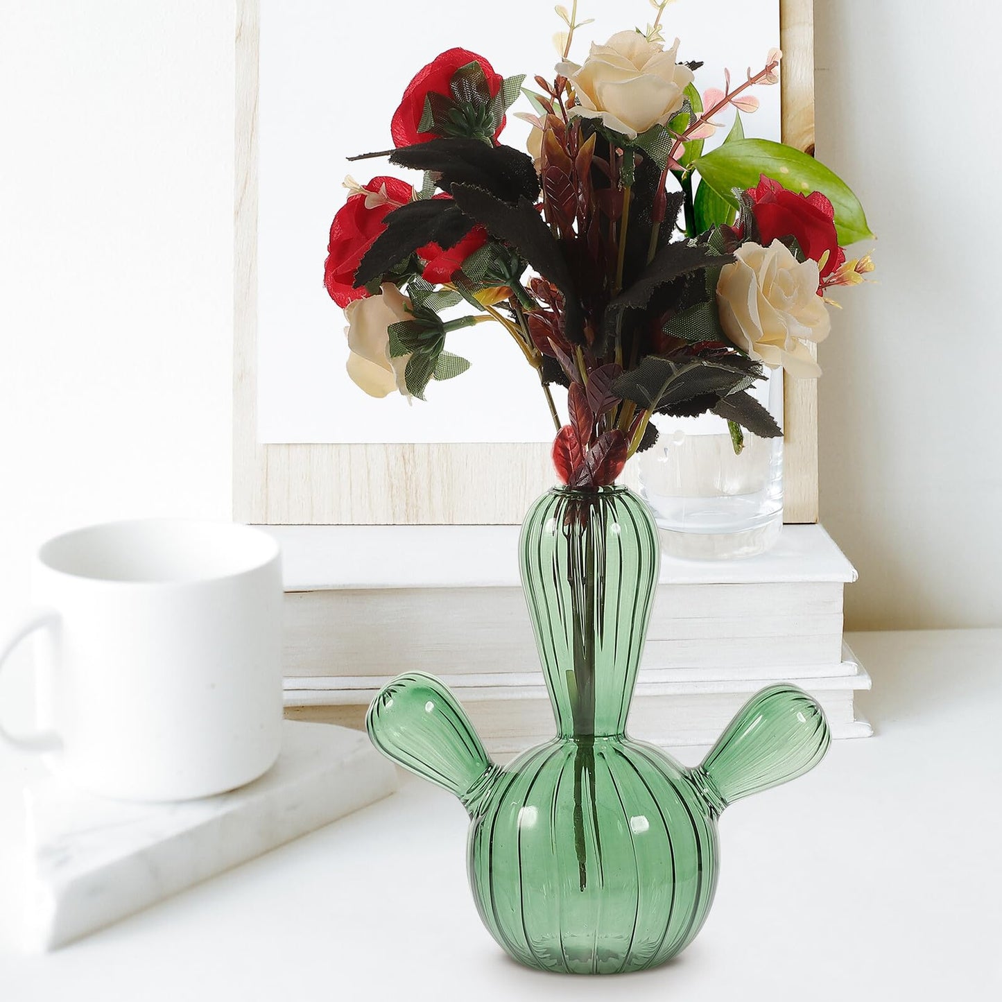Alasum Glass Cactus Vase Small Hydroponic Plant Vase Green Glass Decorative Terrarium Jar for Tabletop Home Décor and Reed Diffuser Centerpiece
