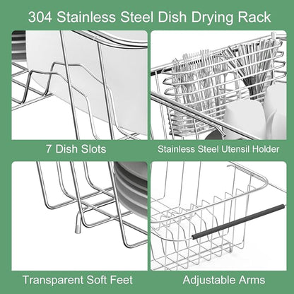 JAQ Over Sink Dish Drying Rack for Small Sink, Compact Expandable 14.25"–22.44", Adjustable 304 Stainless Steel Dish Drainer with Utensil Holder, Space Saving for Small Kitchen
