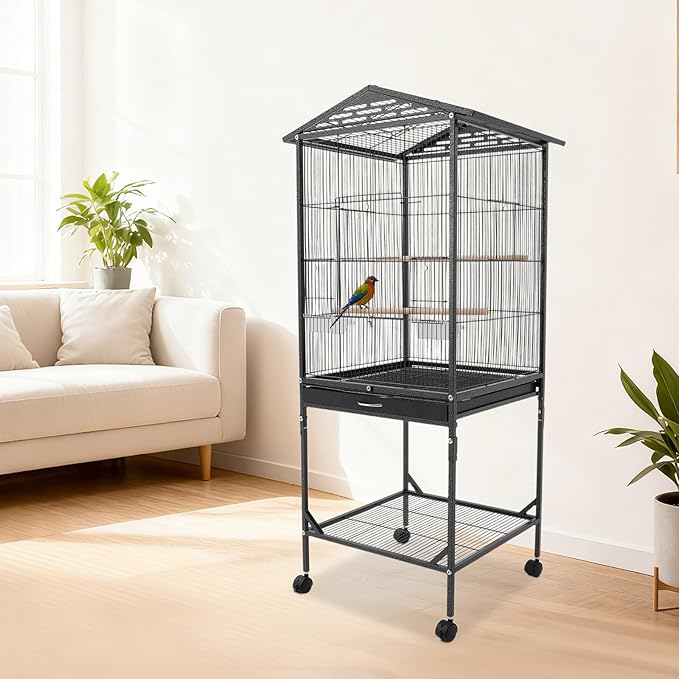 Bird Cage with Stand 54 Inch Birdcages with Pull-Out Tray, Rolling Bird Cage Stand with Wheels for Parakeets, Parrot, Cockatiel, Pigeon, Finch Cage for Birds(Black)