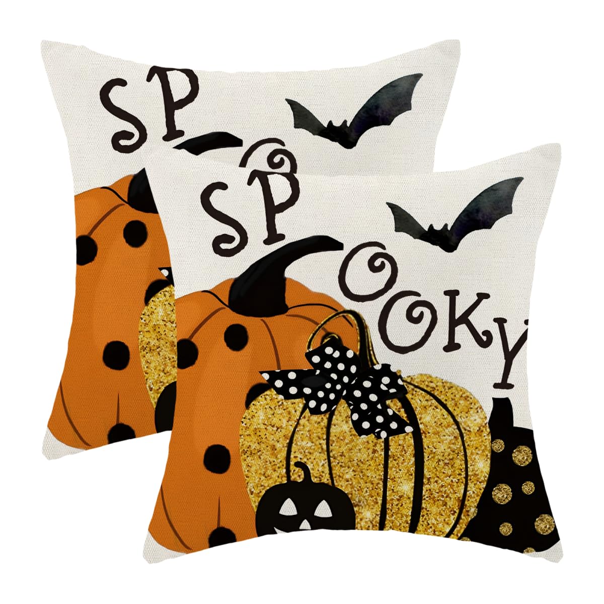 Halloween Pillow Covers 18 x 18 Inch Set of 2 Polka Dot Pumpkin Spooky Bat Throw Pillows Outdoor Decorative Fall Halloween Horror Pillowcases Linen Cushion Cases for Farmhouse Home Bed Sofa Couch
