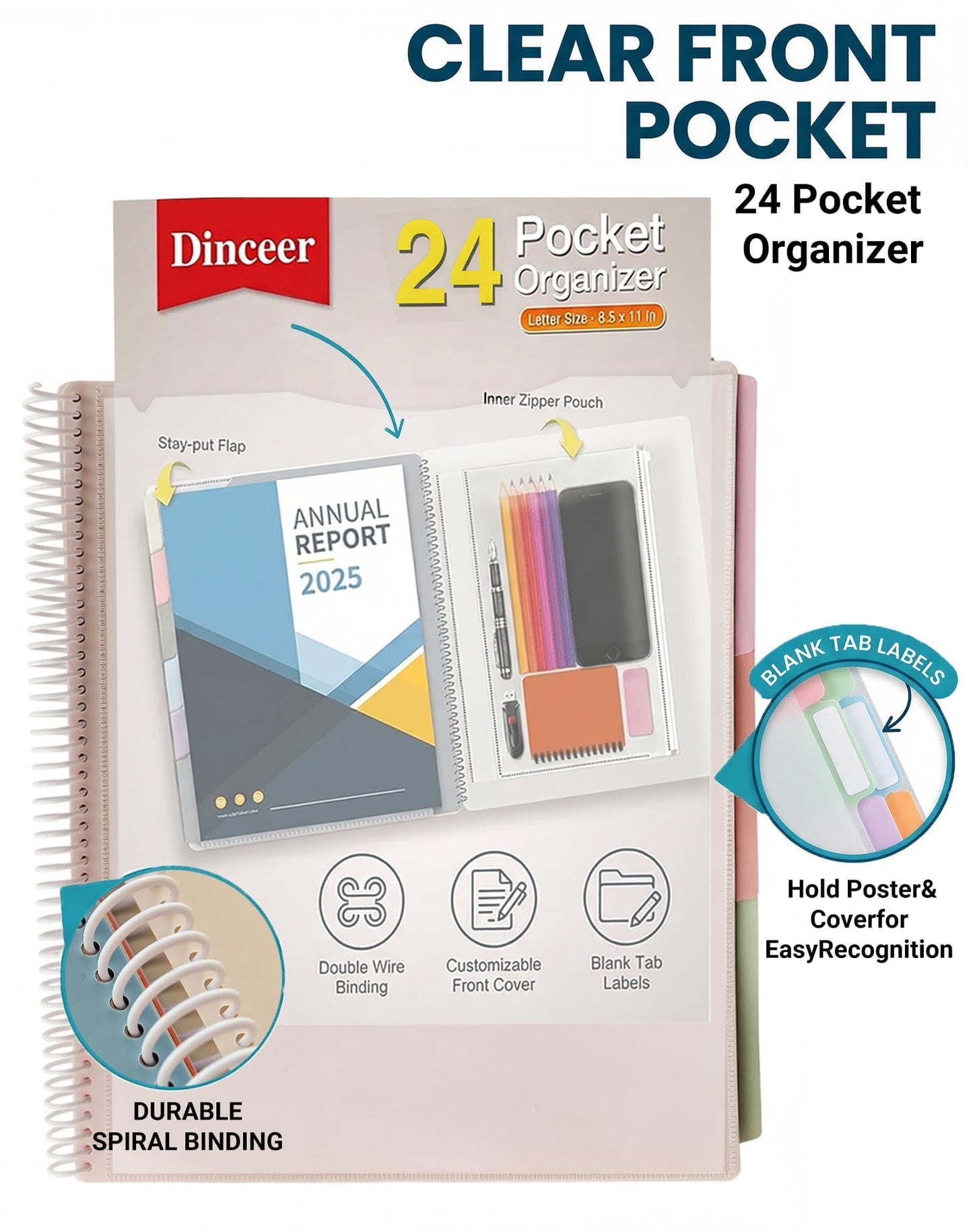Dinceer 24 Pocket Spiral Project Organizer Folder, Morandi Color Multi Pocket Folder with Inner Zipper Pouch for School, Office, Bills and Documents
