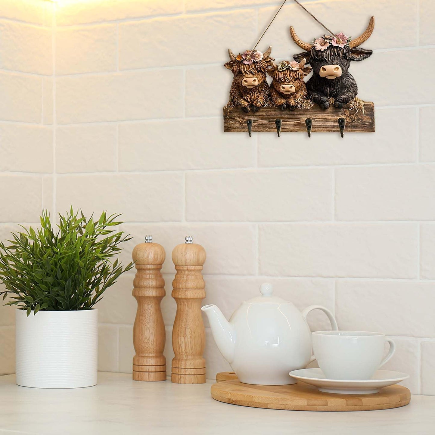 Dexprosy 2D Highland Cow Key Hooks for Wall - Wooden Key Holder and Organizer with Flat Design for Home, Office, or Garage Decor