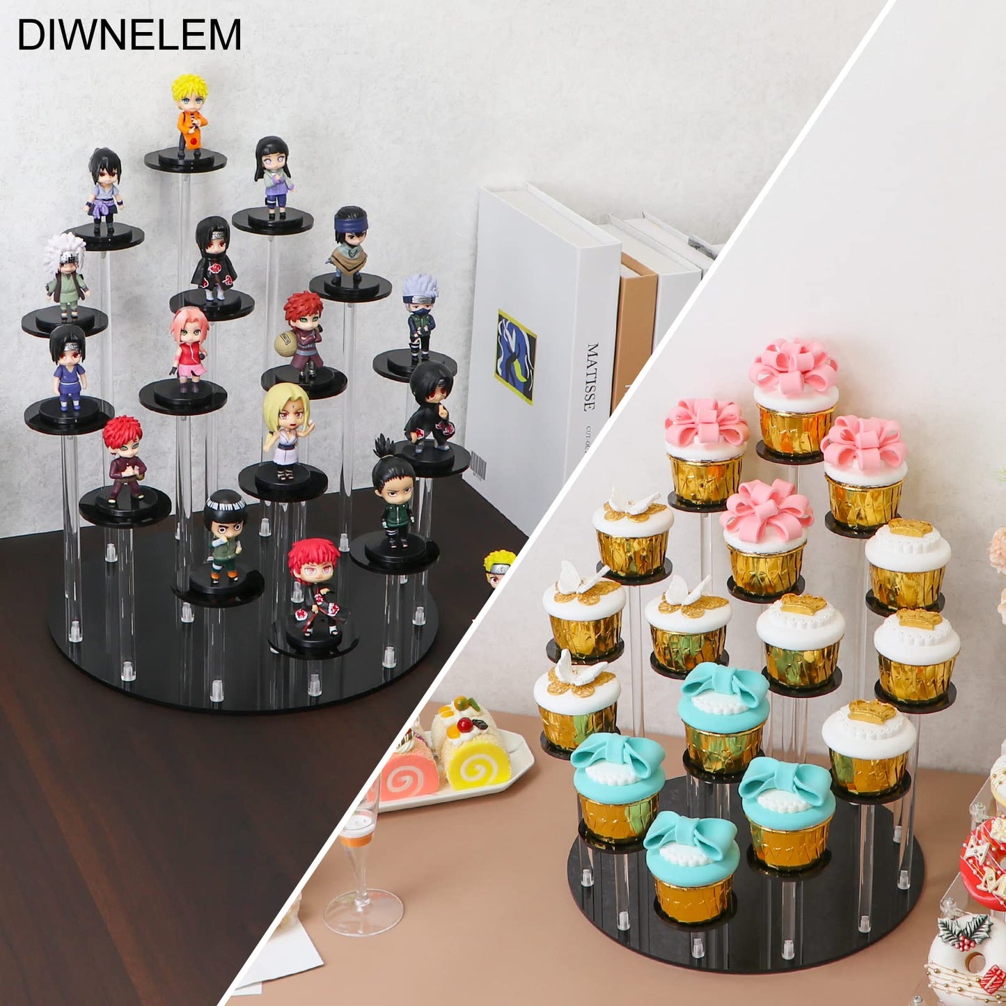 DIWNELEM 16 Tier Acrylic Cupcake Stand Display Riser Holder for Cupcakes, Collectibles, Figures, Comestics, Perfumes, Jewelry - Black Acrylic Display Stand Organizer