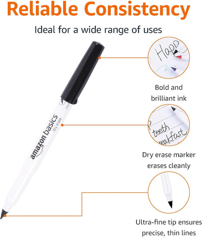 Amazon Basics Low Odor Ultra Fine Tip Dry Erase White Board Markers, Black, 12-Pack