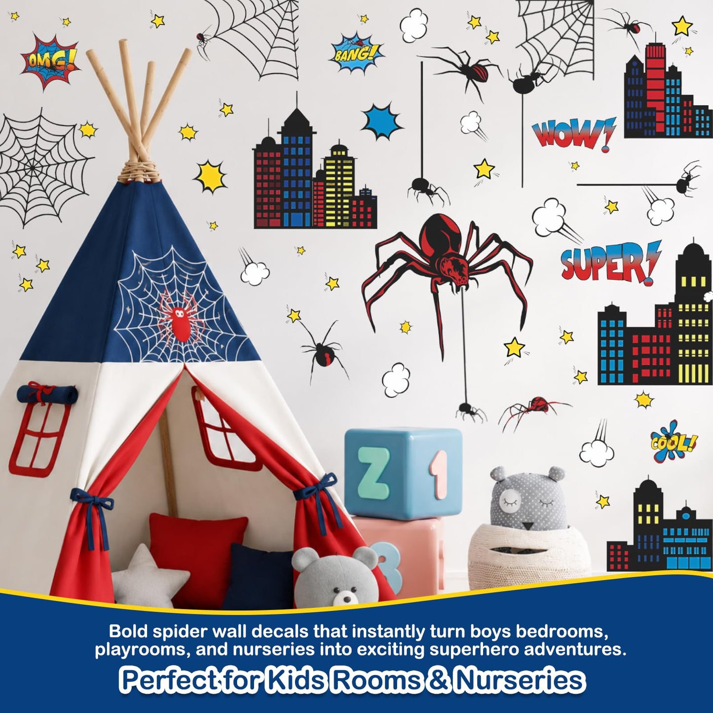 Superhero Wall Decor, Hero City Building Stars Stickers for Kids Boys, 70 Piece UV PVC DIY Removable Reusable Cartoon Stickers for Toddler Nursery, Bedroom, Playroom