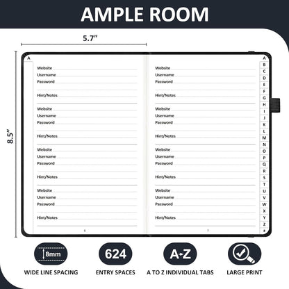 Password Book with Individual Alphabetical Tabs Laminated, Large Print Password Keeper Book for Seniors, A5 Hardcover Internet Password Log Book to Record Website Login Details - Black