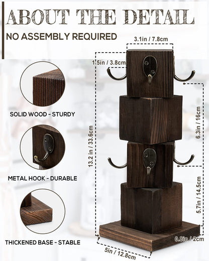 PUERSI Coffee Mug Holder for Counter, Rustic Solid Wood Mug Tree, Farmhouse Wooden Coffee Cup Rack with 8 Hooks (Rustic Brown)