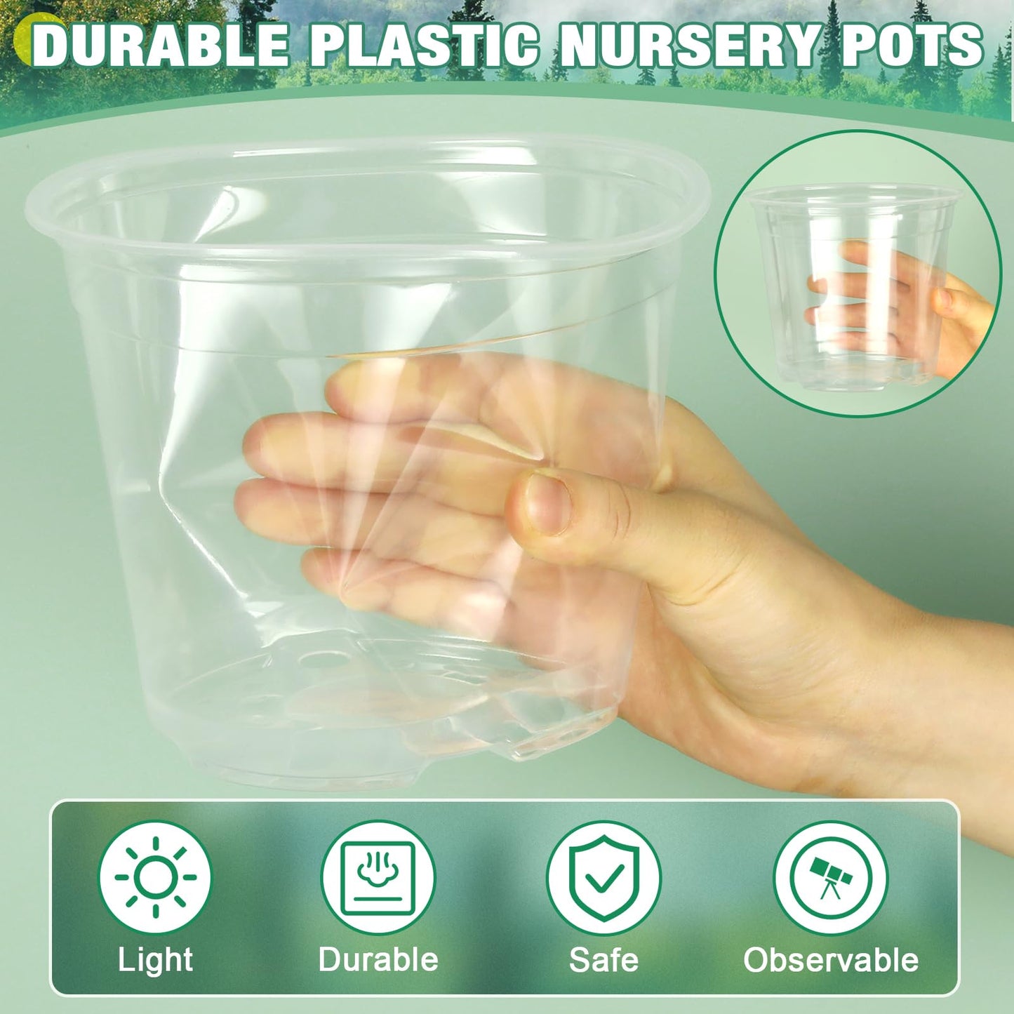 RAOOKIF 10/8/6/5 Inch Clear Nursery Pots with Drainage Hole and Saucers, 12 Pack Large Nursery Pots for Plants for Indoor Outdoor, Plastic Clear Plant Pots for Flowers, Succulents, Vegetables