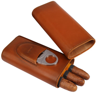 AMANCY Premium 3- Finger Brown Leather Cigar Case, Cedar Wood Lined Cigar Humidor with Silver Stainless Steel Cutter