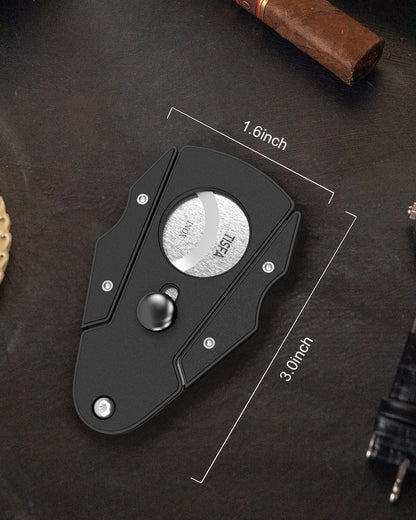 TISFA Cigar Cutter Stainless Steel Double Cut Blade with Safety Lock Cigar Guillotine, Sharp Cigar Clipper Scissors with Leather Case (Black)