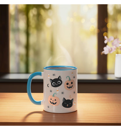Halloween Cute Black Cat Jack-o-Lantern Candy Corn Pattern Ceramic Mug, Blue/White