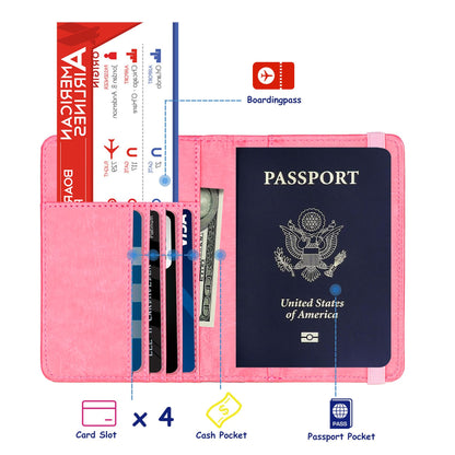 TOURSUIT RFID Blocking Passport Holder for Women Men, Leather Passport Travel Wallet with 3D Metal Badge, Travel Document Holder Cover Accessories (Pink)