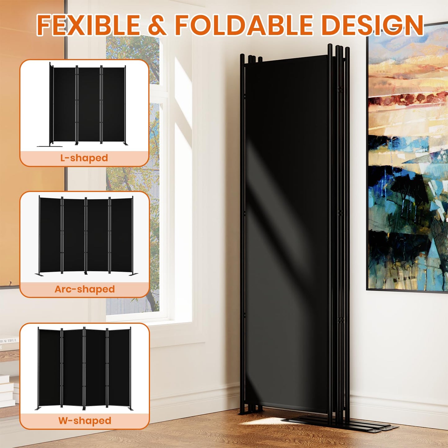 SUNALLY Room Divider 6FT Folding Privacy Screens, 4 Panel Fabric Divider for Room Separation, 88" W Freestanding Portable Wall Dividers Screen for Home Dorm Studio Office, Black