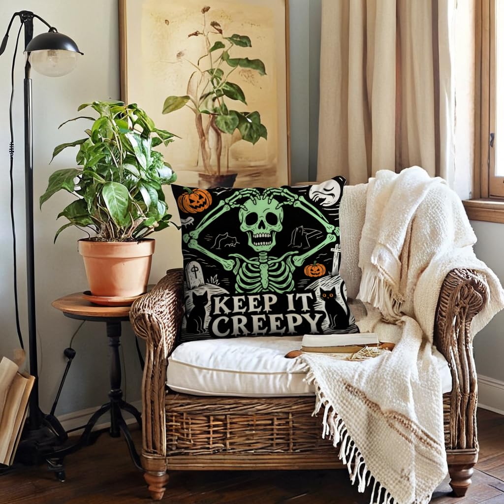 Halloween Decor Throw Pillow Covers 18x18 inch Black Orange Ghost Cat Skeleton Pumpkin Cushion Cases 4 Pack Fall Happy Halloween Seasonal Autumn Home Decor Pillowcases for Sofa Couch Patio(Orange)