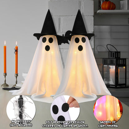VioraWhite 2 Pack 18.8Inch Lighted Halloween Decoration Indoor Ghost Witch Hat with Lights Spooky Halloween Party Decoration Scary Glowing Ghost Kit for Mantel Shelf Table Fireplace Home Room Kitchen