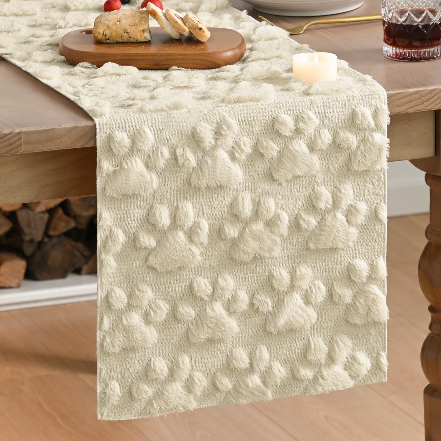 Artoid Mode Beige Soft Plush Faux Fur Jacquard Paws Pet Table Runner, Kitchen Dining Table Decoration for Home Party Decor 13x72 Inch