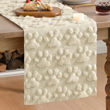 Artoid Mode Beige Soft Plush Faux Fur Jacquard Paws Pet Table Runner, Kitchen Dining Table Decoration for Home Party Decor 13x72 Inch