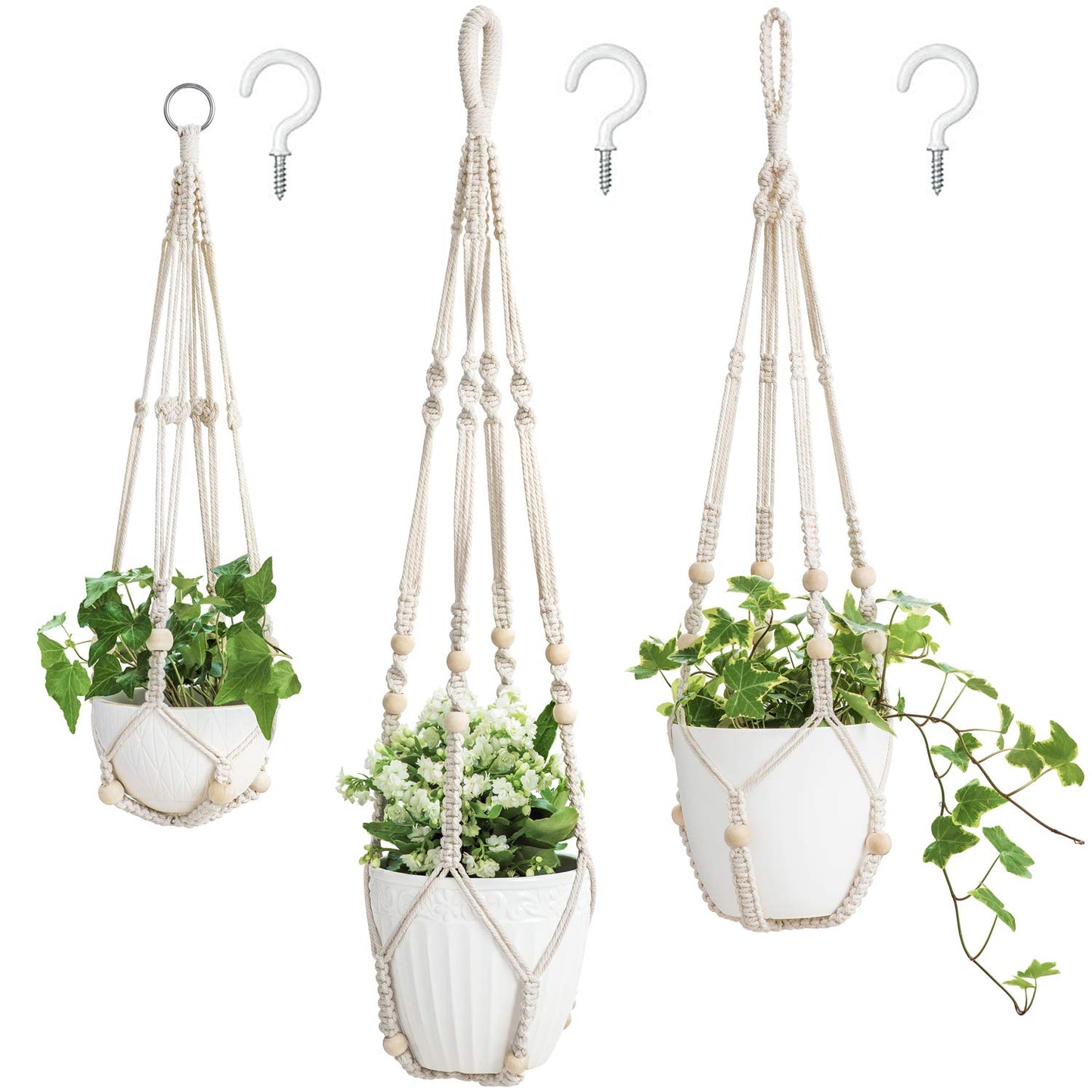 Mkono 3 Pack Macrame Plant Hangers Indoor Different Size Hanging Planter Basket Flower Pot Holder with Beads No Tassels 35"/29"/23", Medium, Ivory