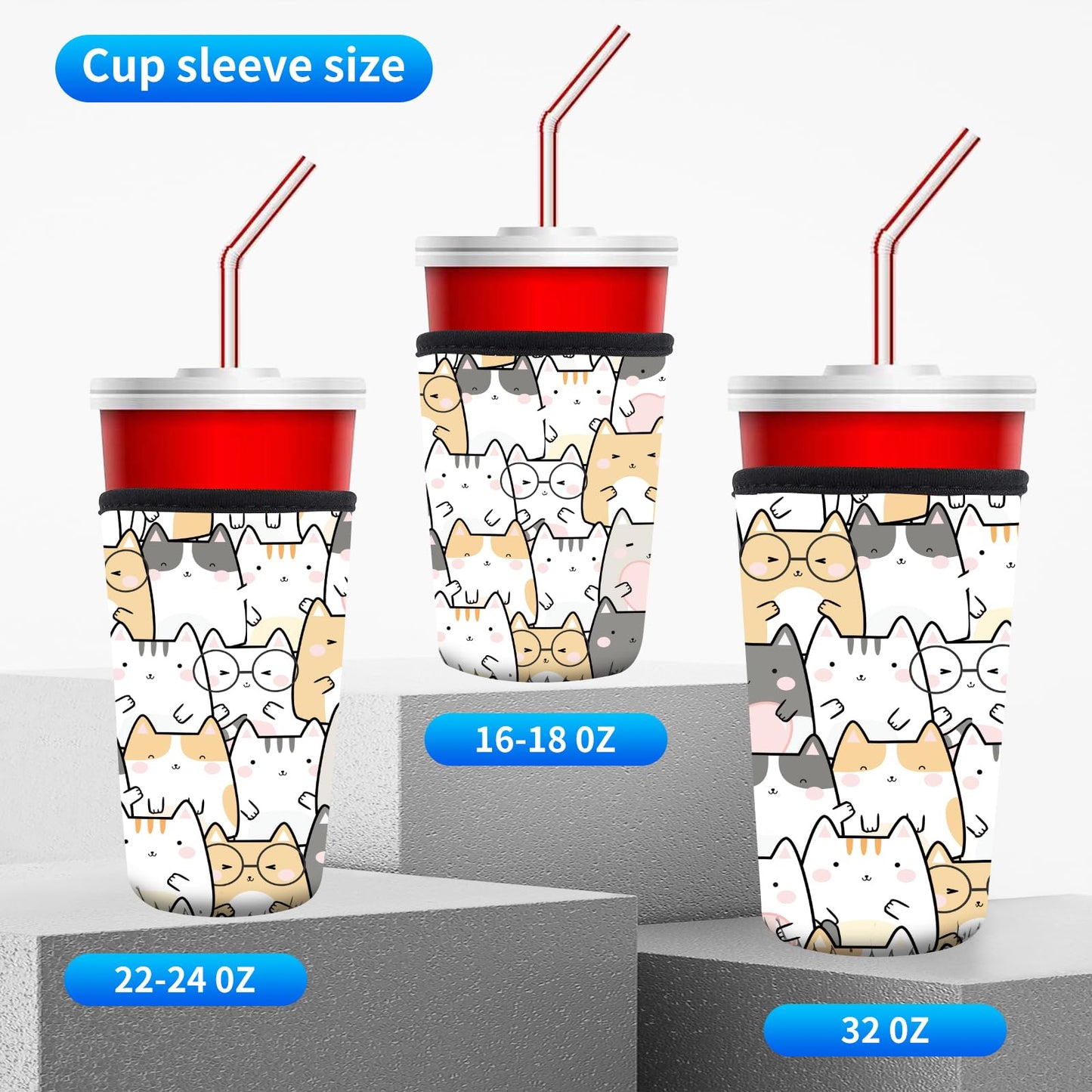 AUEKLLW 3 Pack Reusable Neoprene Insulator Sleeve for Iced Coffee Cups, Funny Coffee Cup Sleeves for 16-32oz Coffee cups, Cute Drink Sleeve for Cold Hot Beverages Cute Cats