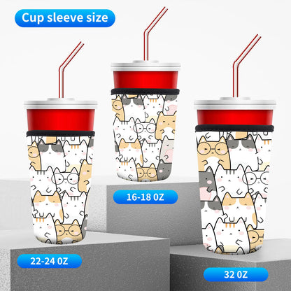 AUEKLLW 3 Pack Reusable Neoprene Insulator Sleeve for Iced Coffee Cups, Funny Coffee Cup Sleeves for 16-32oz Coffee cups, Cute Drink Sleeve for Cold Hot Beverages Cute Cats
